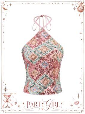 Sequin Sparkly Halter Top Sexy Backless Y2k Going Out Top
